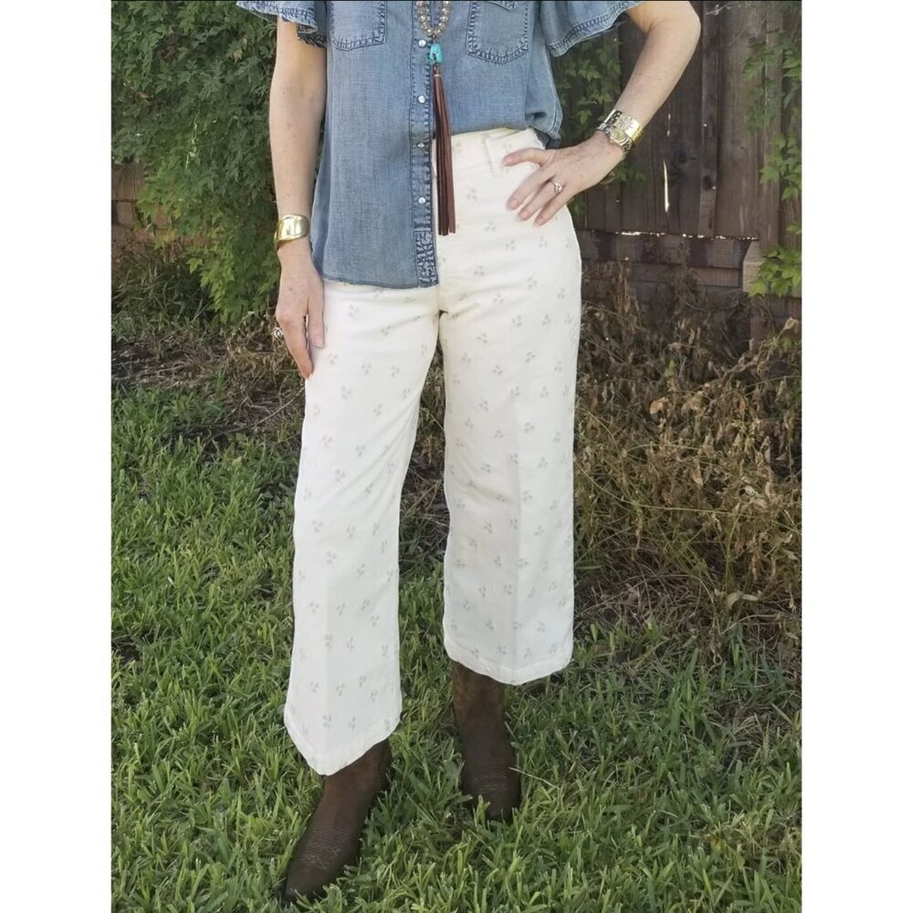 Dear John Audrey Embroidered Floral High-Rise Cropped Wide Leg Jeans, Cream, 27